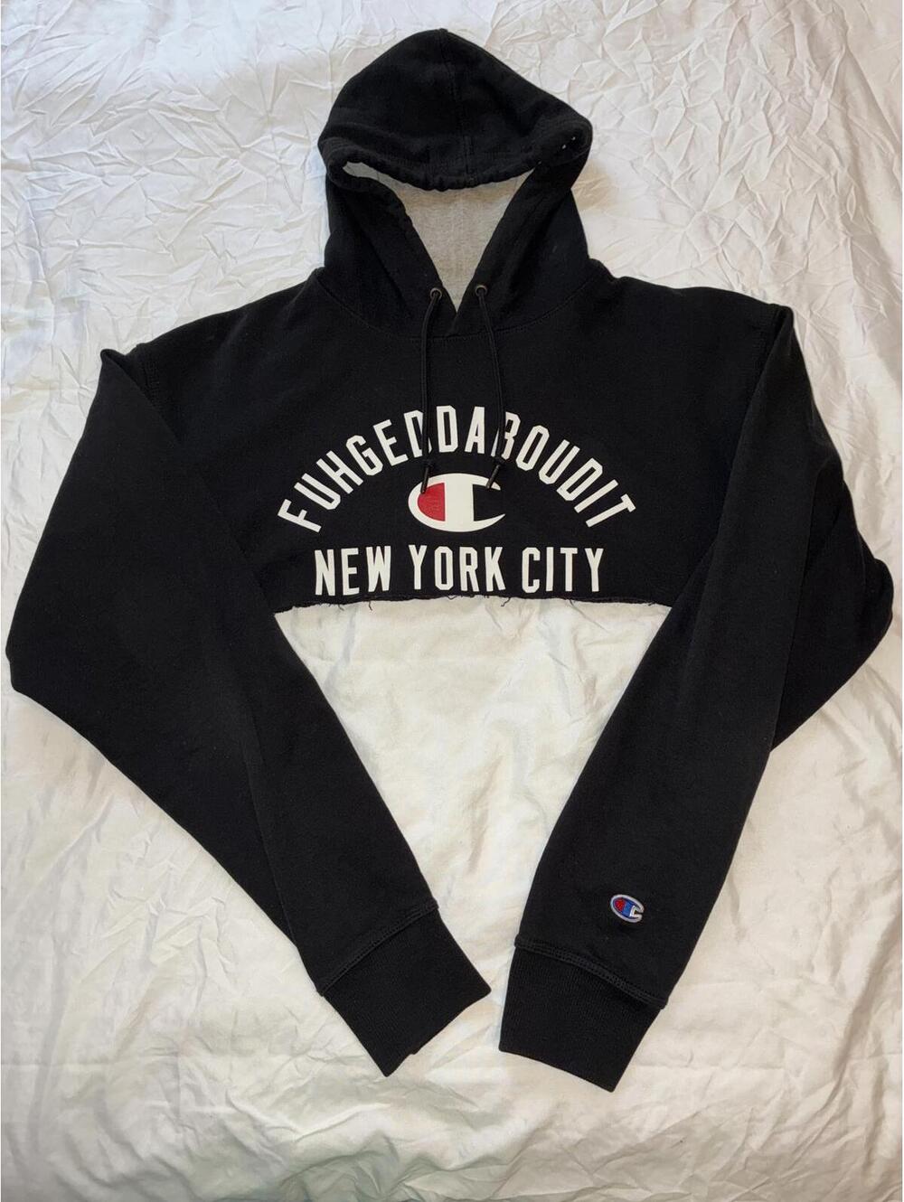 Champion Hoodie Black Cropped New York City Fuhgeddaboudit Size L